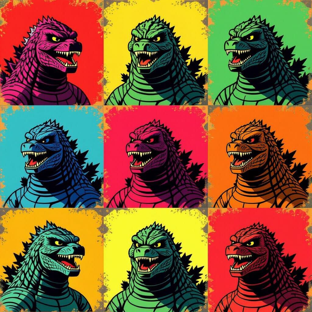 Godzilla Pop-Art Silkscreen Grid in Bold Colors