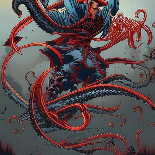 Octopus Samurai in Hokusai Comic Book Style