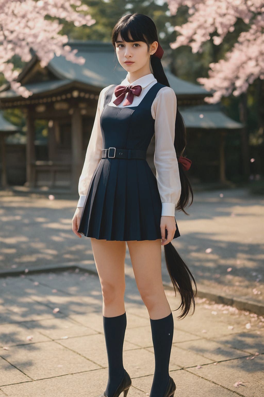 Japanese Schoolgirl at Shrine with Falling Cherry Blossoms