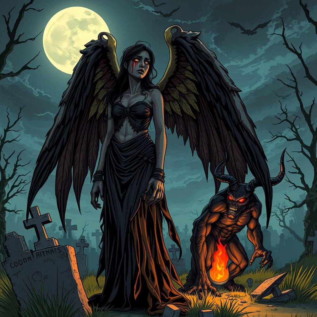 Dark Angel Weeping in Graveyard, Graphic Novel Style