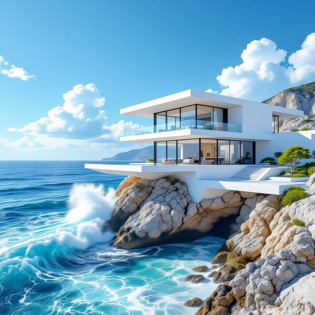 Minimalist White Villa on Cliff Above Ocean