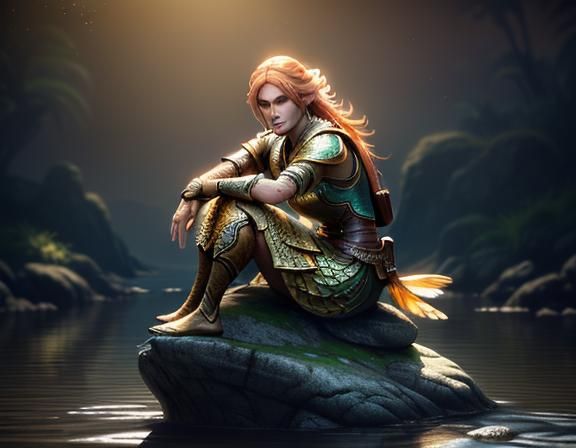 Female Amphibioid on Rock: 3D Digital Art