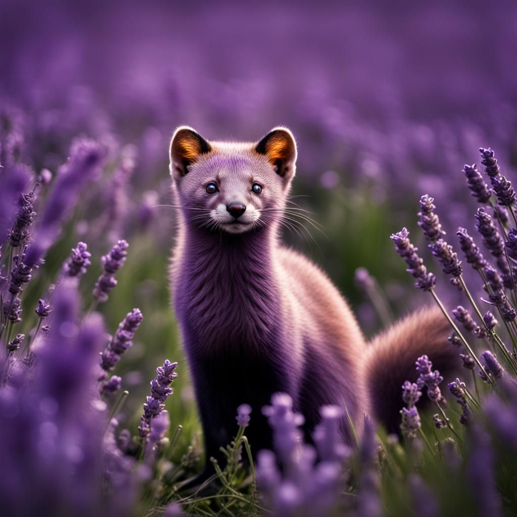 Marten Relaxing in Lavender Field: Hyperrealistic Image