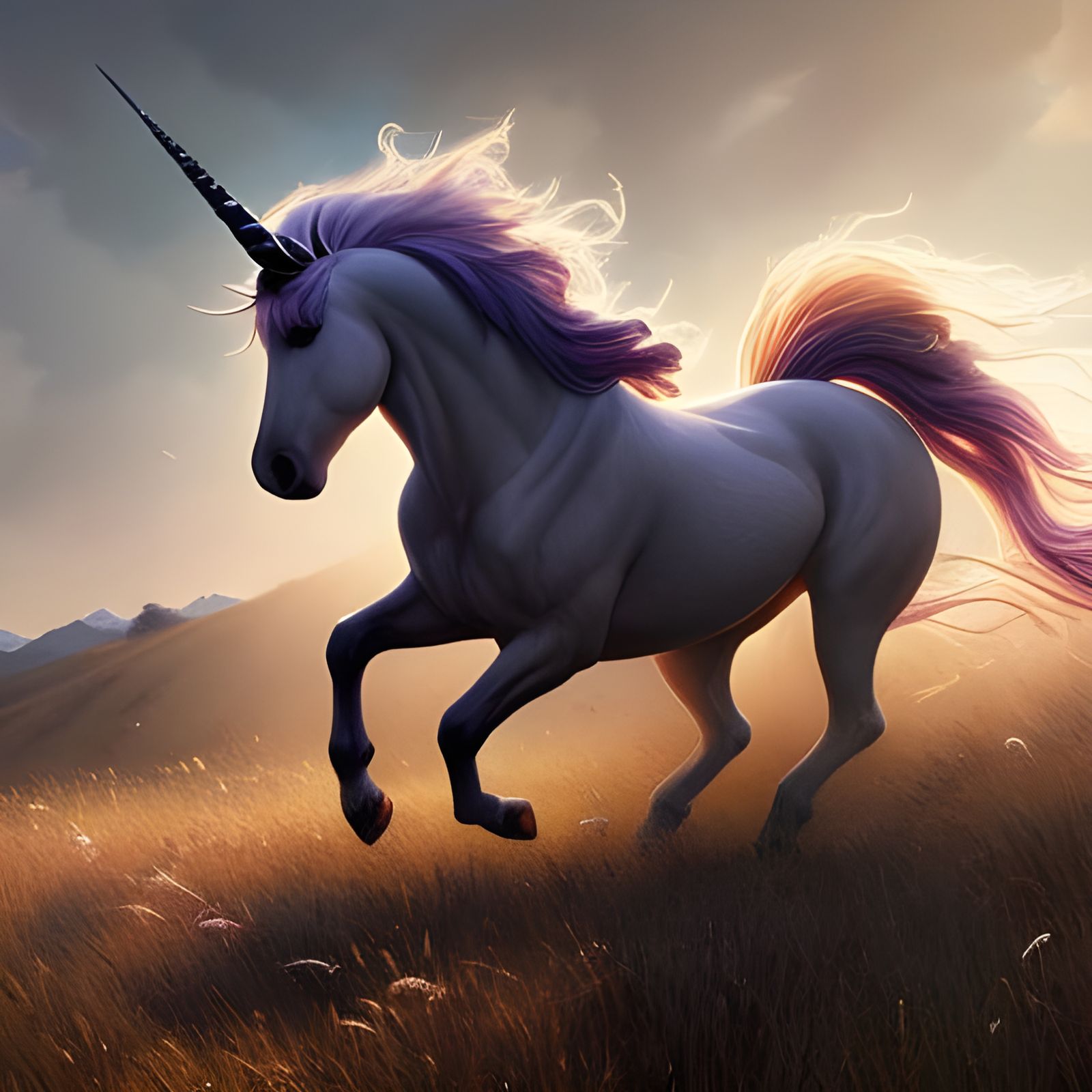Legendary Unicorn Running Through Meadow, Digital Art