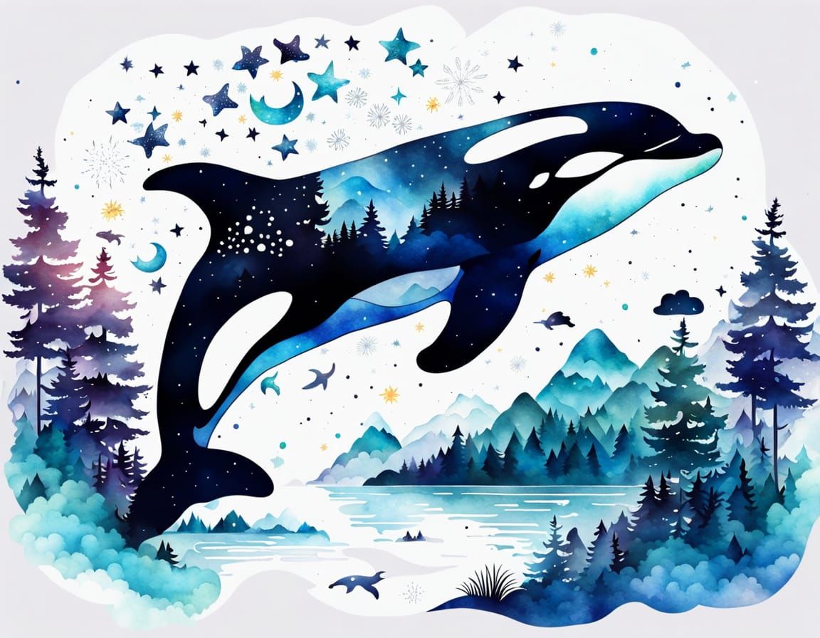 Surreal Killer Whale Landscape in Watercolor
