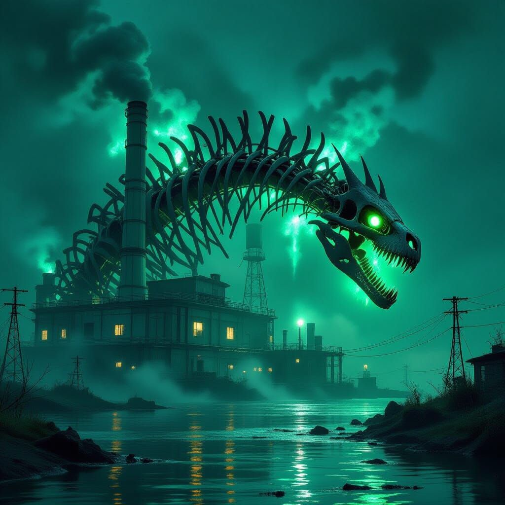 Bioluminescent Dragon Skeleton Wraps Nuclear Plant