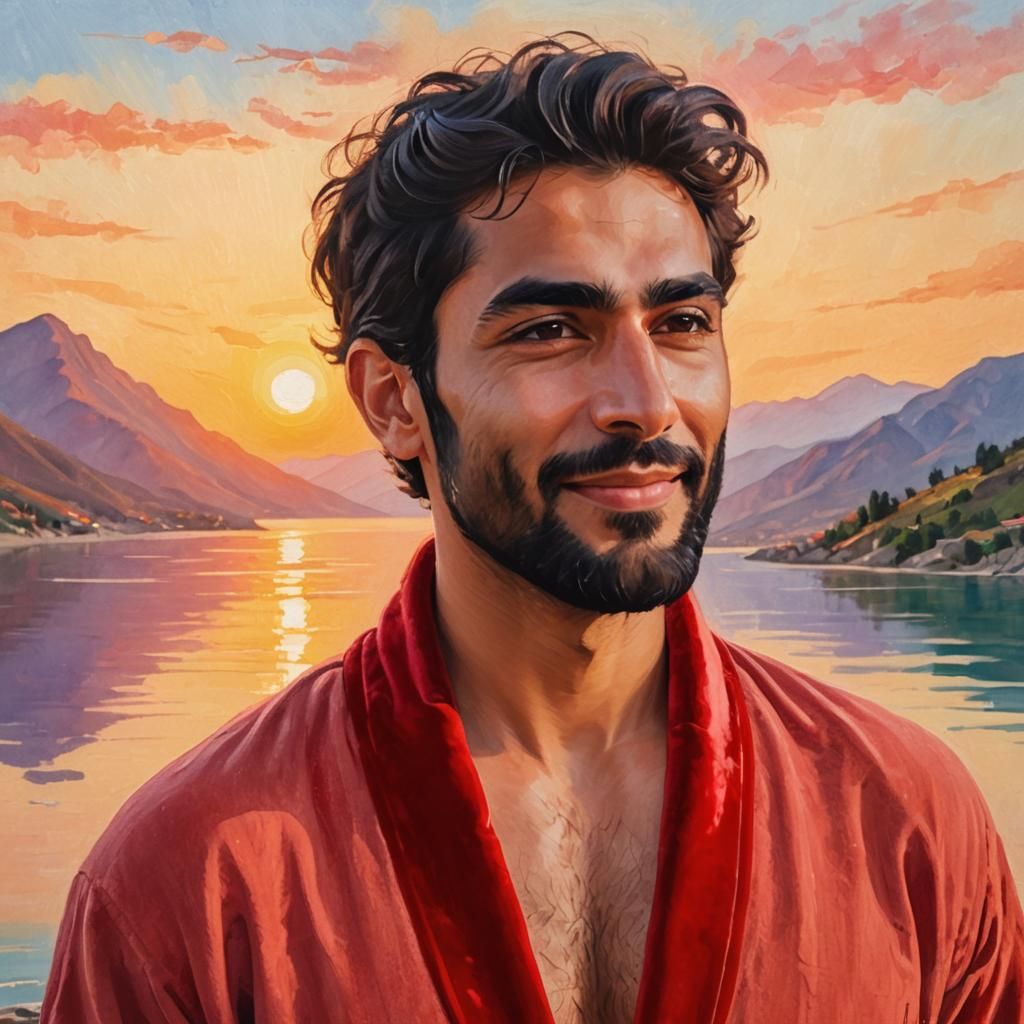 Neo-Expressionist Portrait: Man in Red Bathrobe at Sunrise