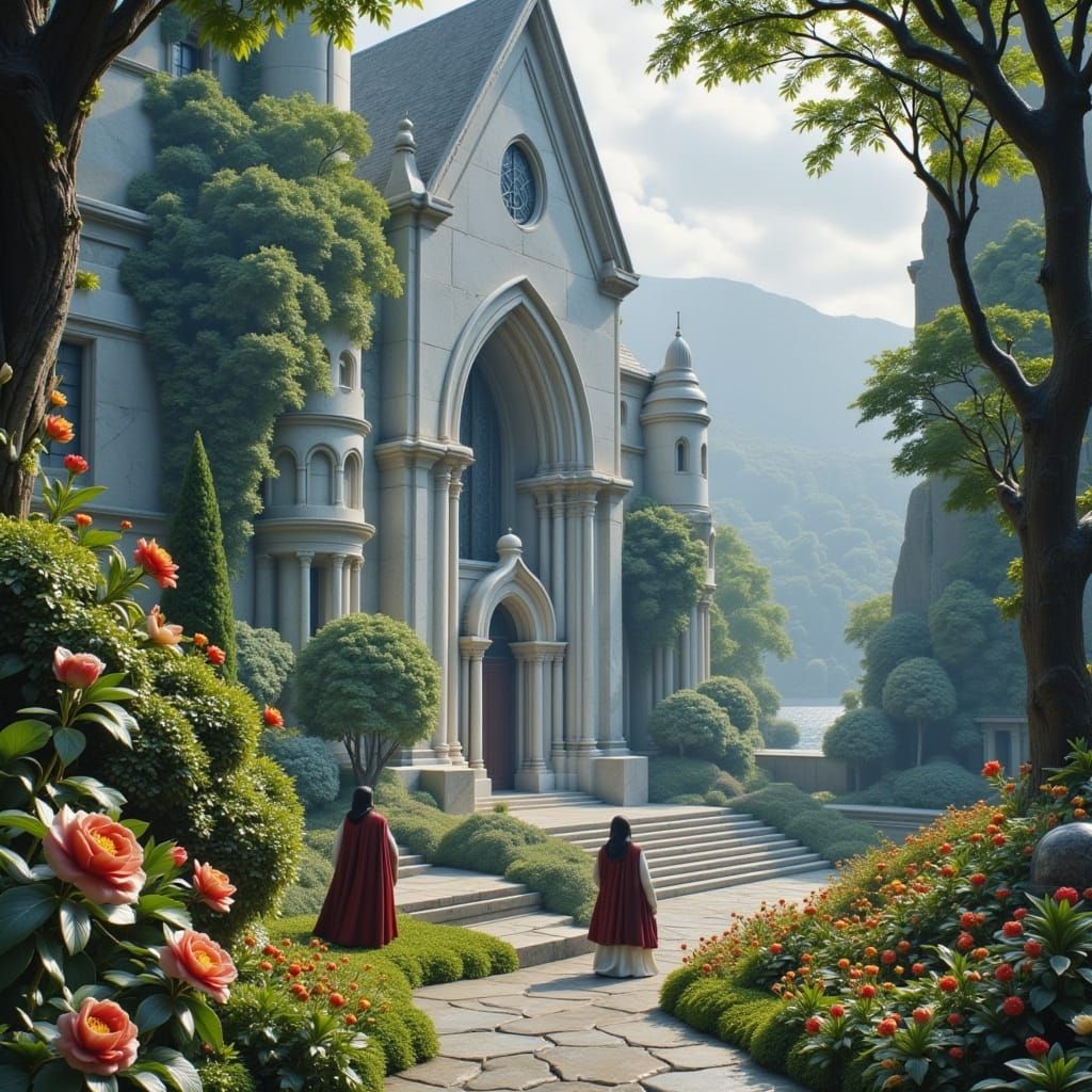 Ethereal Monastery Garden in Hyper-Realistic Style