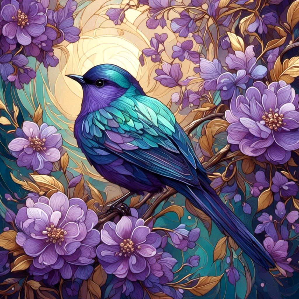 Purple Songbird in Dreamy Digital Watercolor