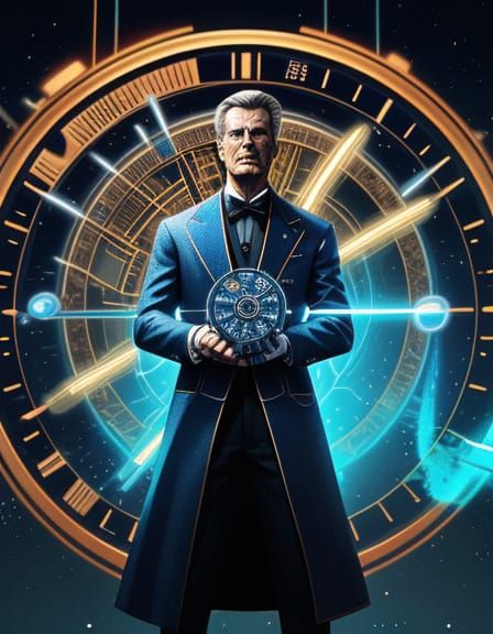 Time Traveler and Clockwork in Retro-Futuristic Style