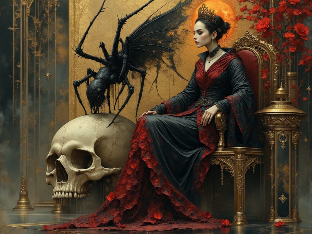 Spider Queen on Throne in Dark Fantasy Style