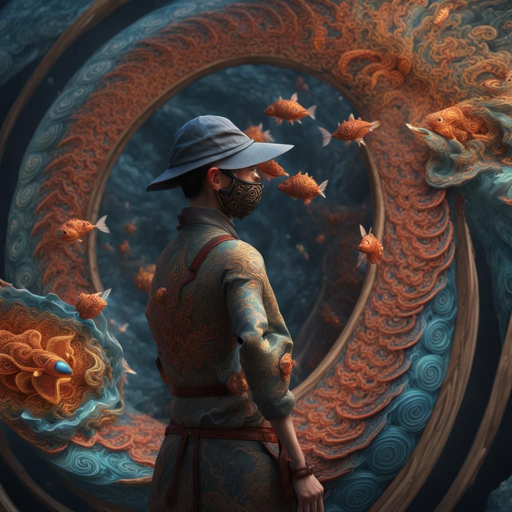 Surreal Chinese Angler Portrait in Kaleidoscope Style