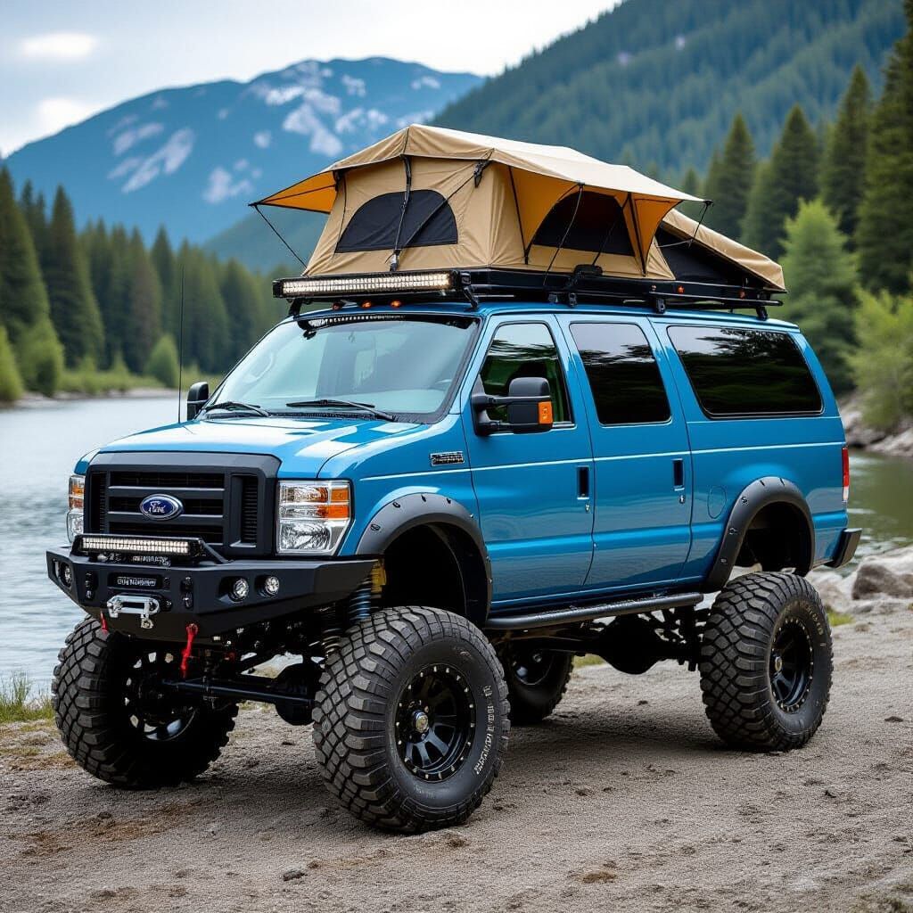 Blue 2014 Ford Econoline Van Camping Off-Road