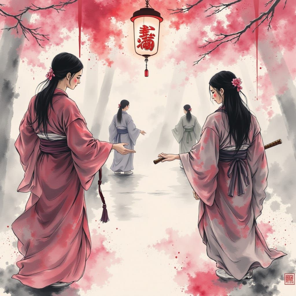 Ethereal Figures in Sumi-e Surreal Dreamscape