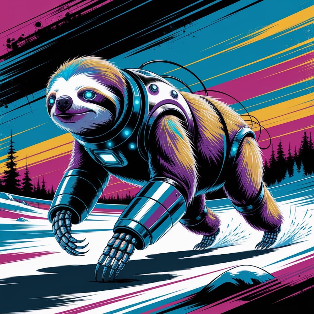 Futuristic Robotic Sloth in Vibrant Graffiti Art Style