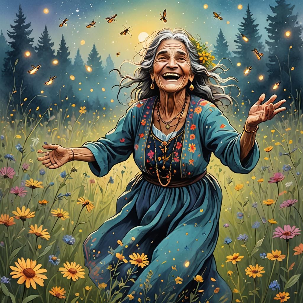 Happy Gypsy Woman Dancing in Wildflower Meadow Illustration
