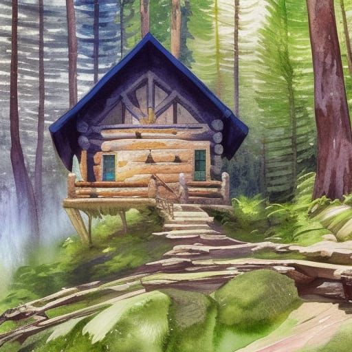 Enchanting Cabin in Woods: an Impressionist Gouache Painting