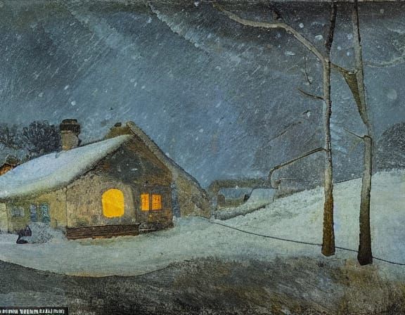 Cozy House in Snowstorm with Lonely Hiker