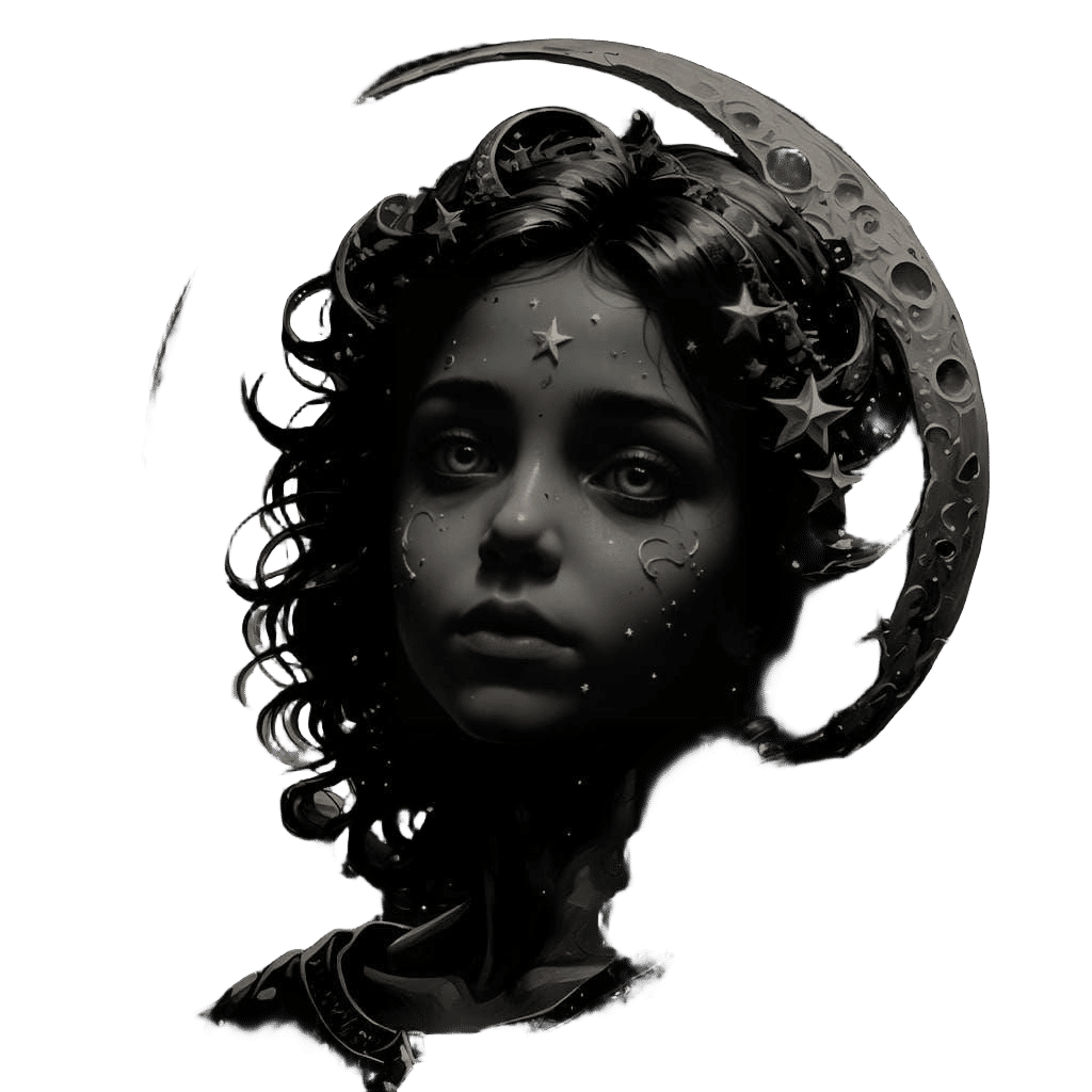 Child Face on Moon in Dark Blue Starry Sky