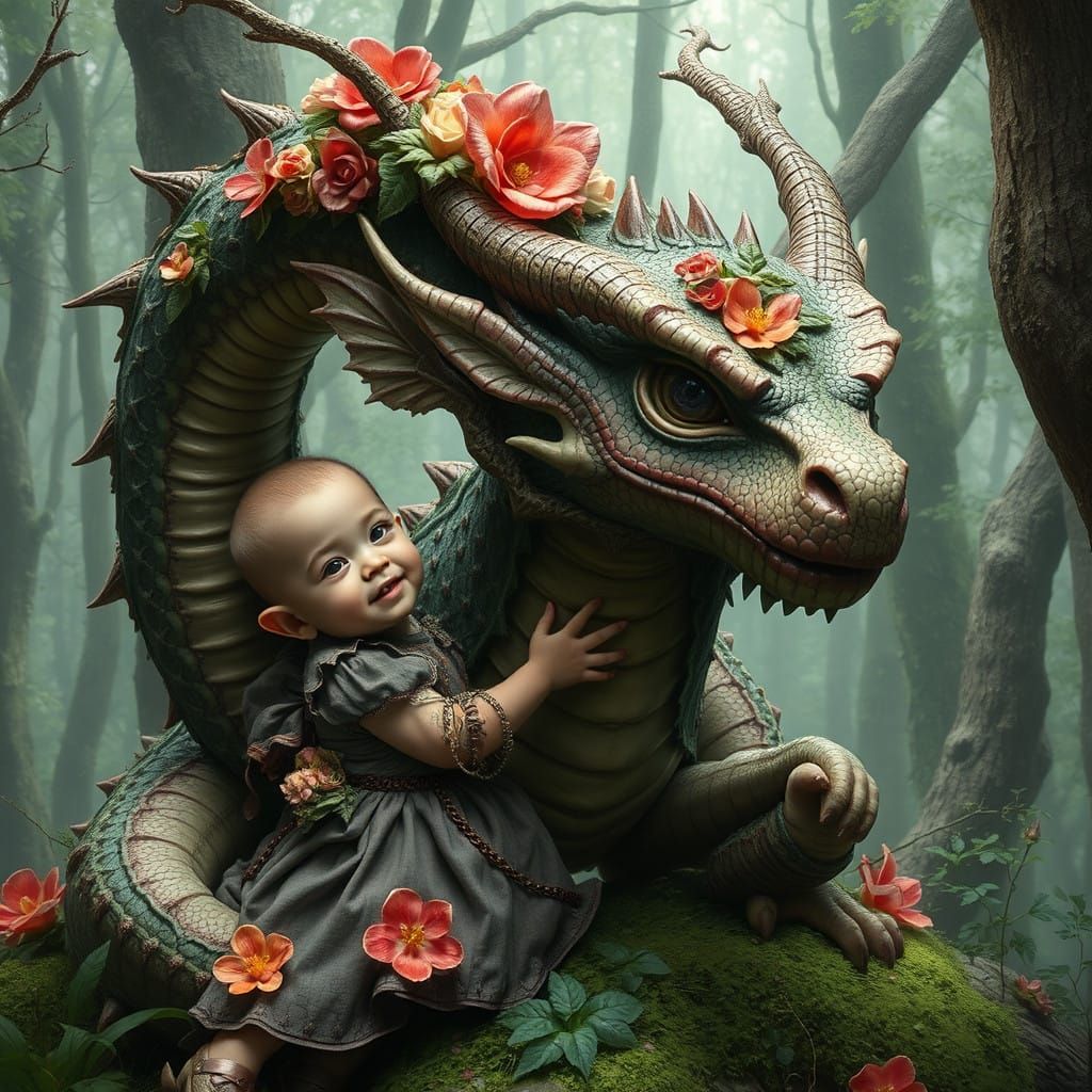 Ethereal Tiefling Child Reunites with Enchanted Flower Drago...