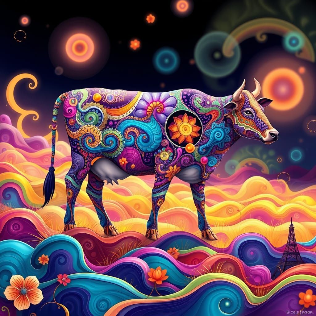 Dreamlike Cow in a Vibrant, Abstract Field