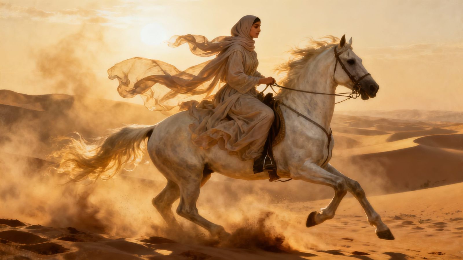 Muslim Woman on Horseback in Desert at Golden Hour