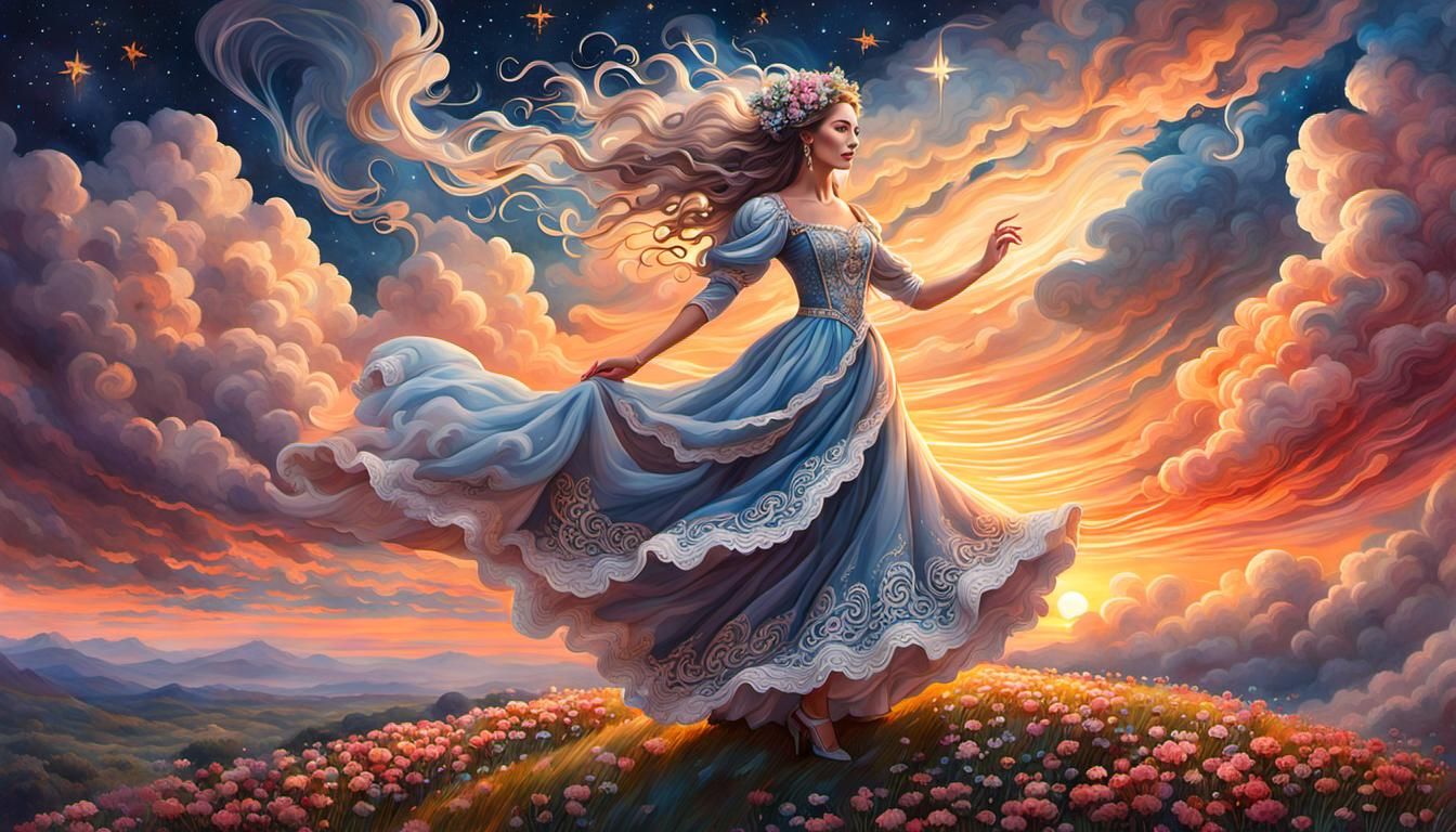 Dancing Cloud Girl Portrait on Flower Hill