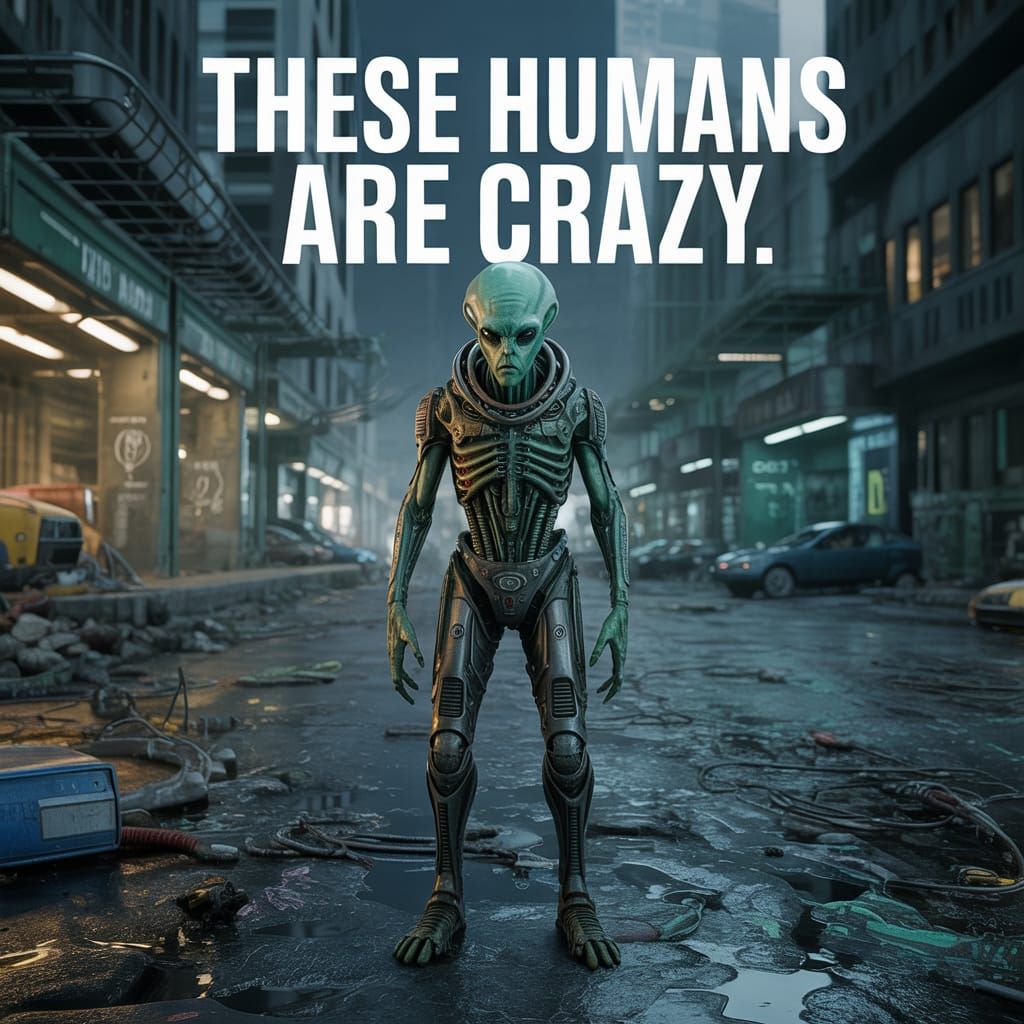 Alien in Post-Apocalyptic Cityscape with Graffiti