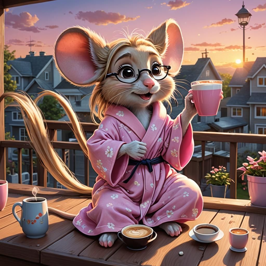 a 3-D animated cartoon cute mouse character with long blonde hair, and glasses, wearing a cute  pink robe and pajamas, s...
