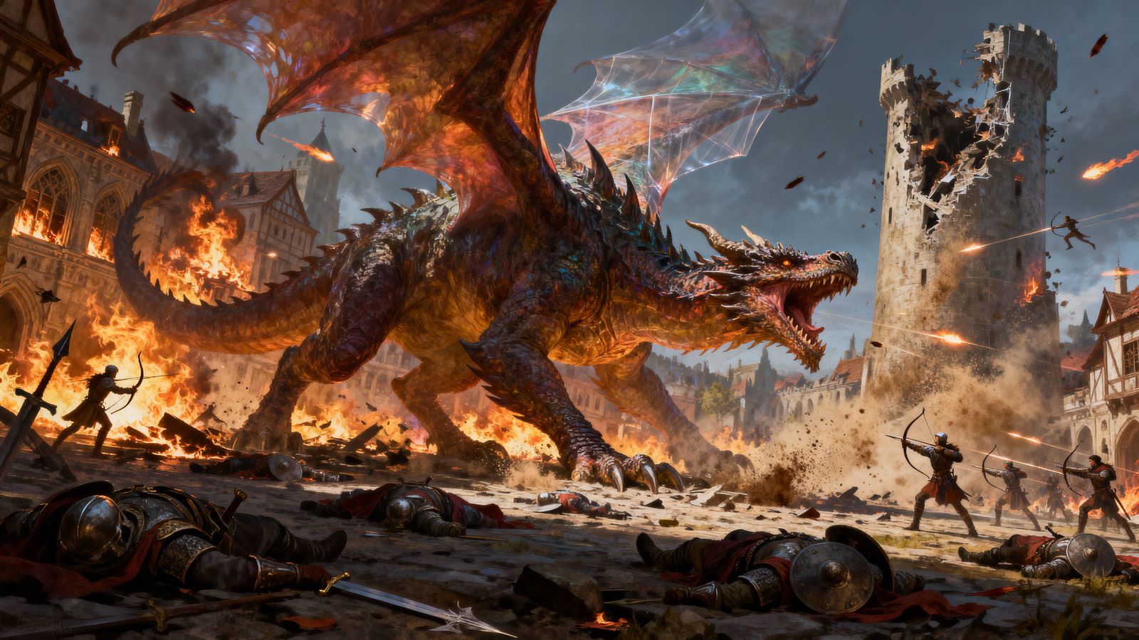 Mighty Dragon Unleashes Havoc on City in Detailed Fantasy Ar...