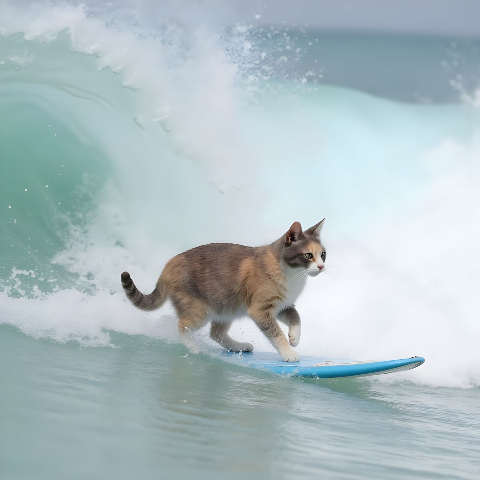 Pearl Cat Surfing a Big Wave on a Beach