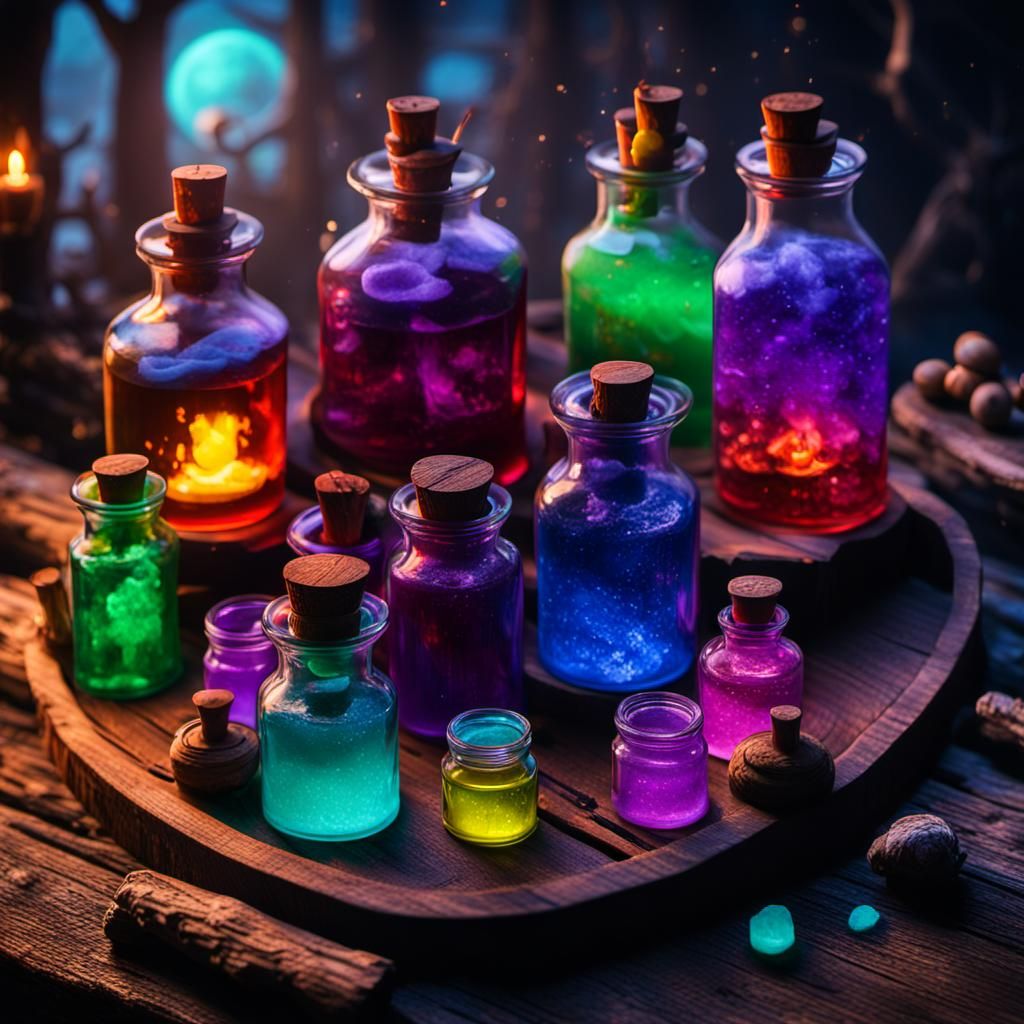 Colorful Elixirs in Witches House: Hyperdetailed Art