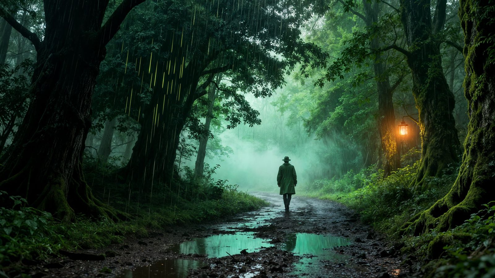 Mysterious Figure in Monochromatic Green Forest