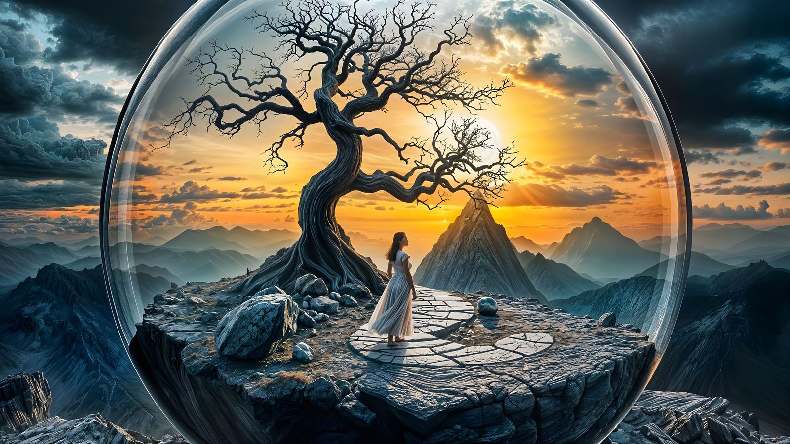 Surreal Yin-Yang World with Woman Walking Towards Horizon