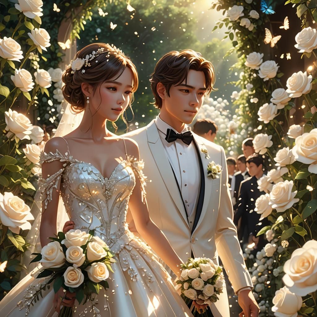 Fairytale Wedding: Anime Art with Roses and Butterflies