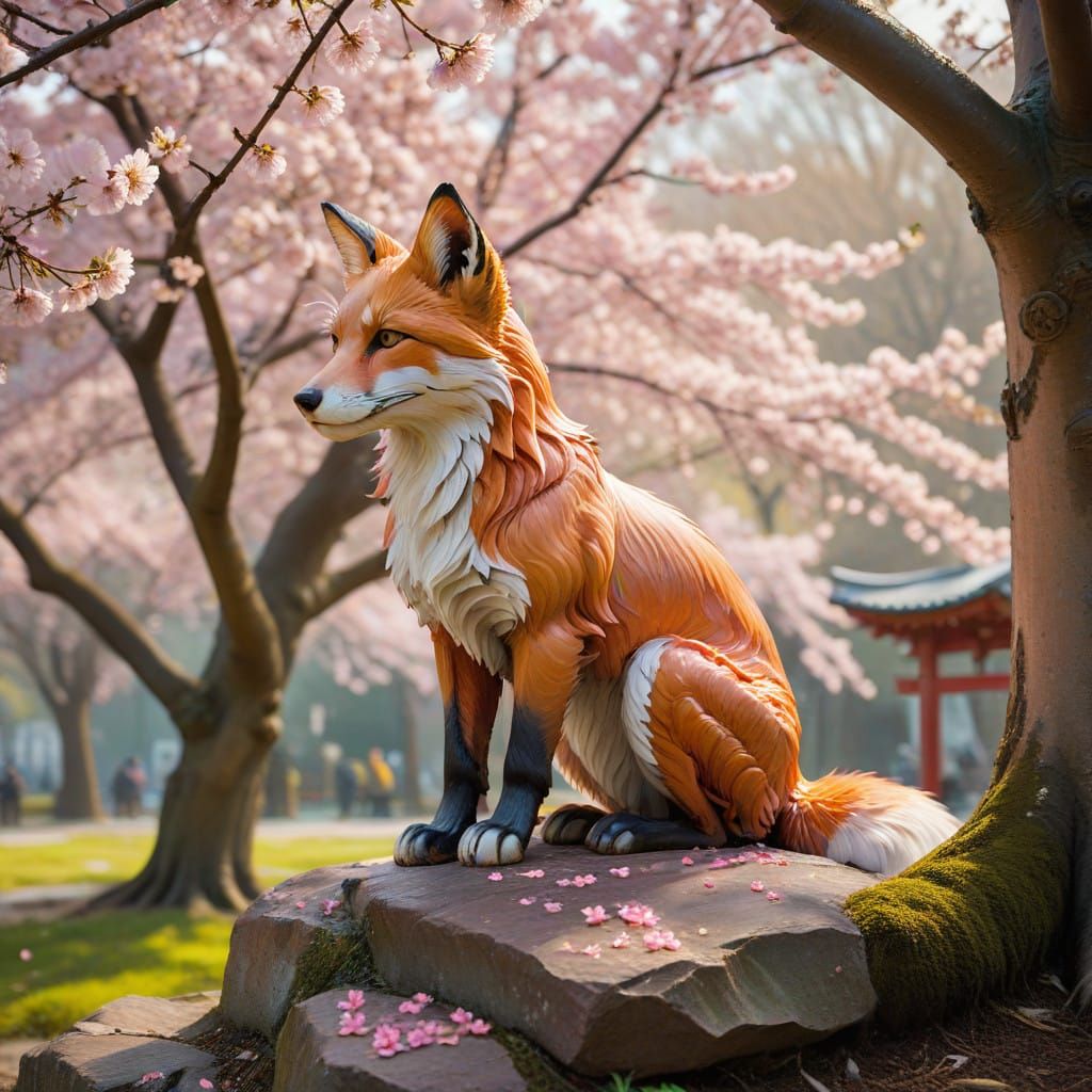 Surreal Fox Contemplates Cherry Blossoms by Traditional Japa...