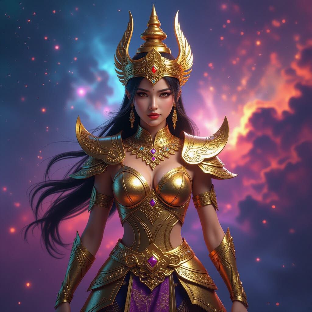 Thai Warrior Woman in Cosmic Nebula