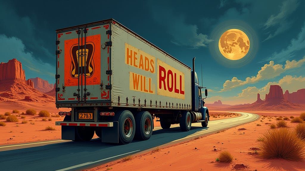 Surreal Truck with Guillotine Logo in Magic Realist Style