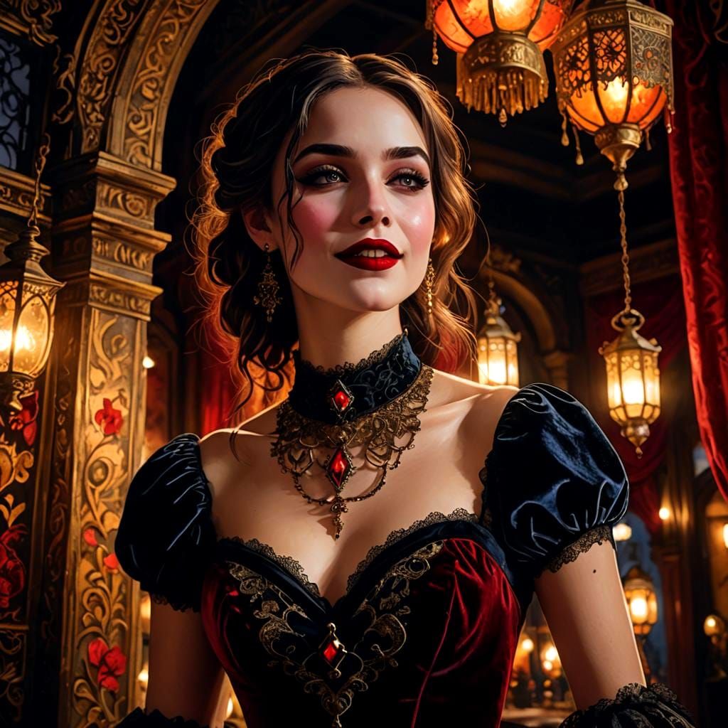 Gothic Girl in Victorian Dress with Golden Lighting