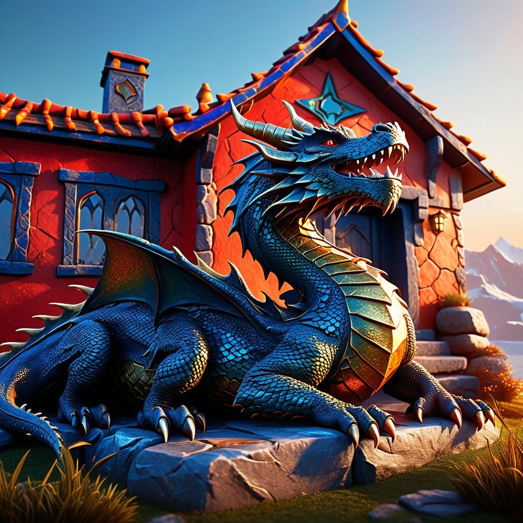 Dragon on Colorful House in Fantasy Concept Art