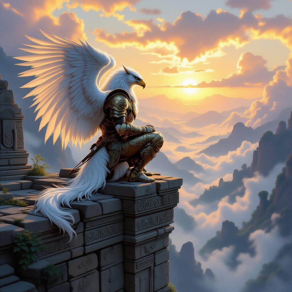 Majestic Griffin at Dawn Over Misty Valley