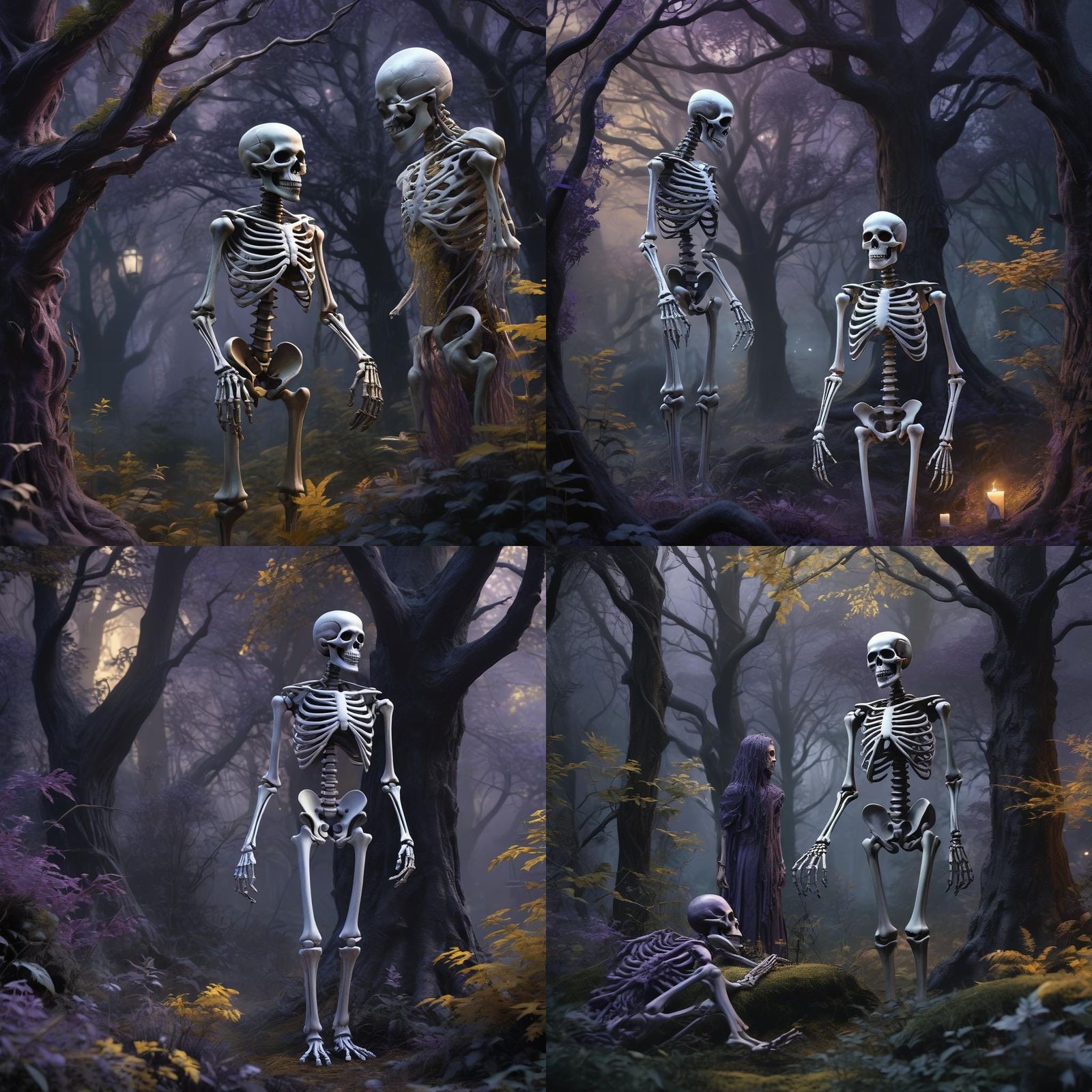 Mystical Ghost Child and Skeleton in Ethereal Forest