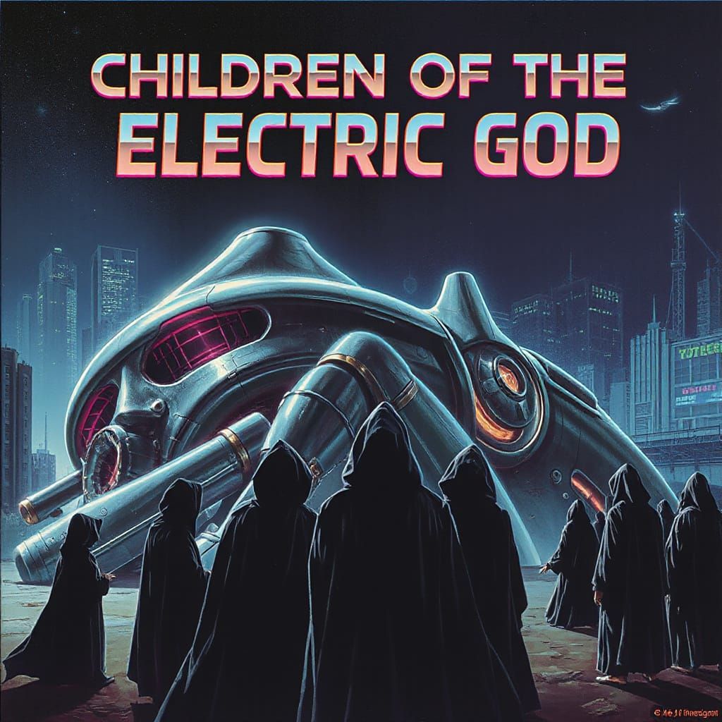 Cyberpunk Robot Worship in a Dystopian Cityscape