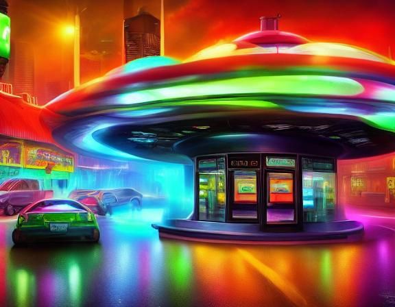 Cyberpunk UFOs Refueling at Neon Gas Station