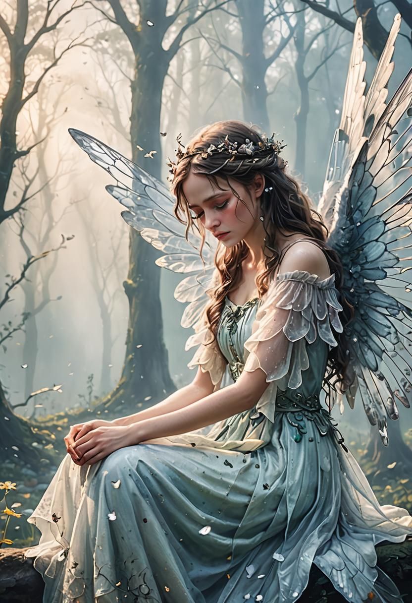 Crying Fairy with Broken Wings in Despair