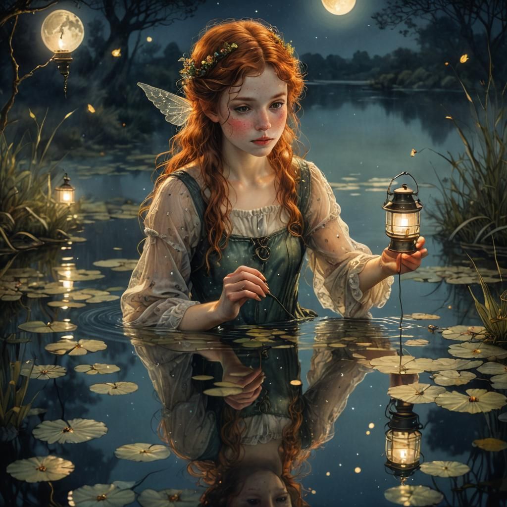Mystical Fairy Reflection in Moonlit Pond