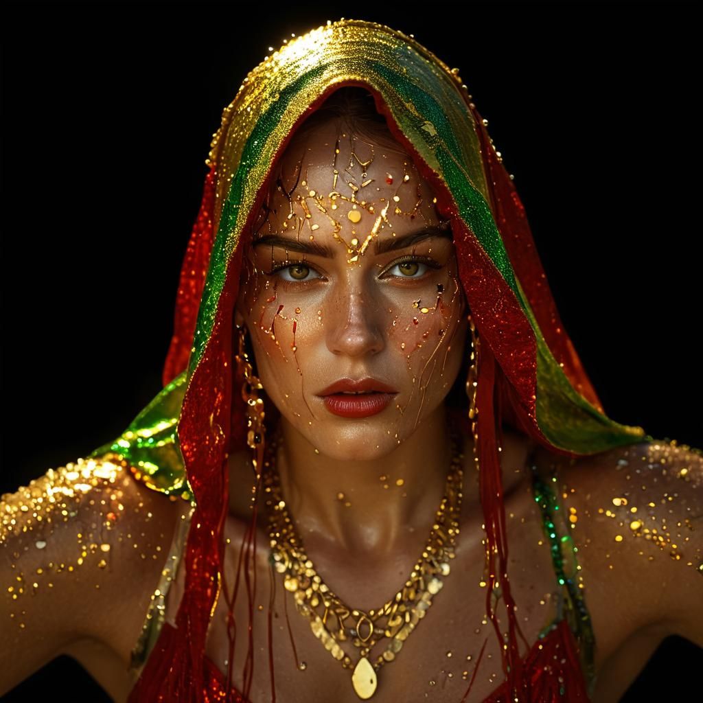 Vibrant Close-Up Portrait with Gold Jewelry