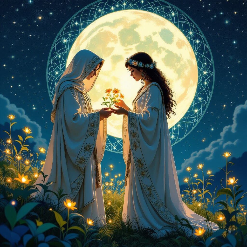 Celestial Botanist Tending Bioluminescent Flora in Art Nouve...