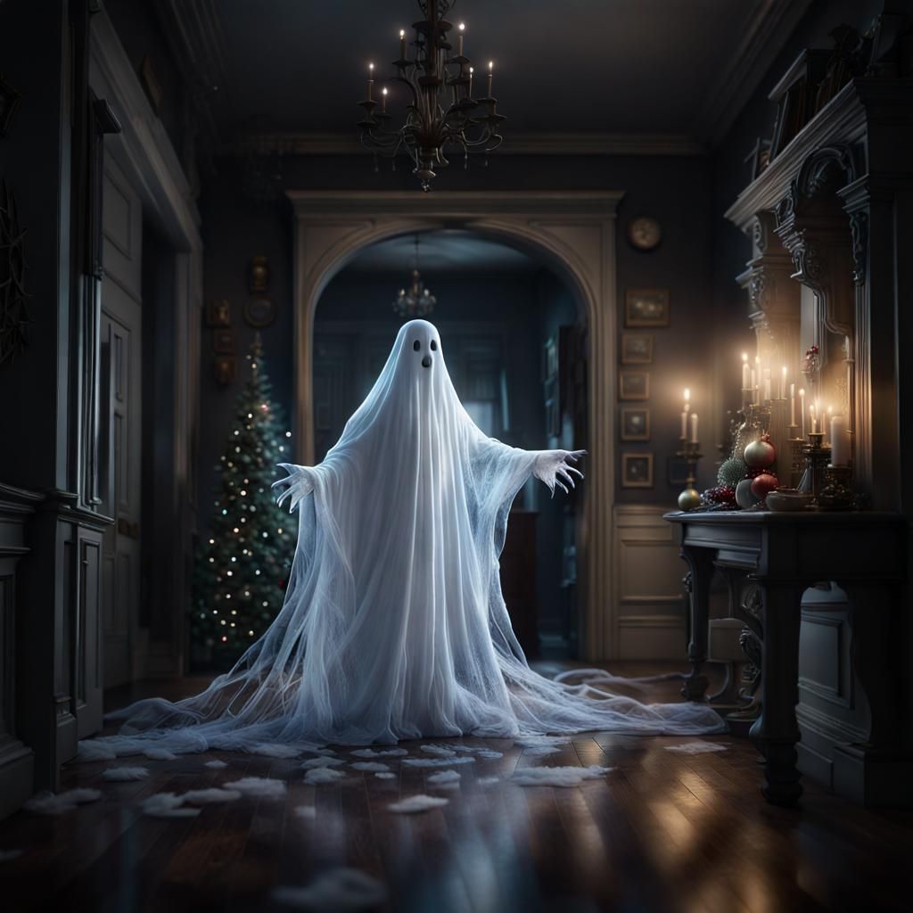 Ghostly Apparition in Victorian Christmas Scene