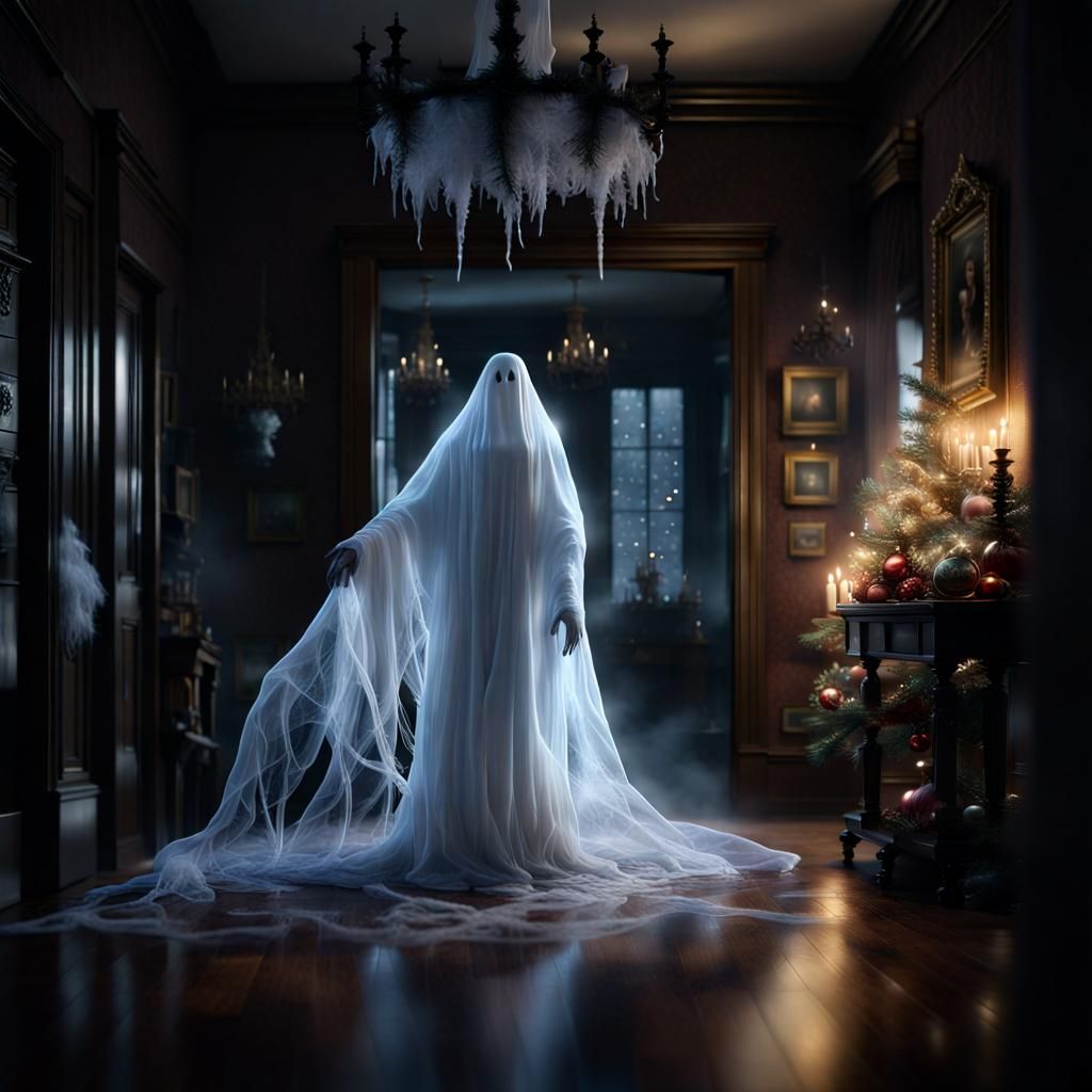 Ethereal Ghost in Victorian Christmas Scene